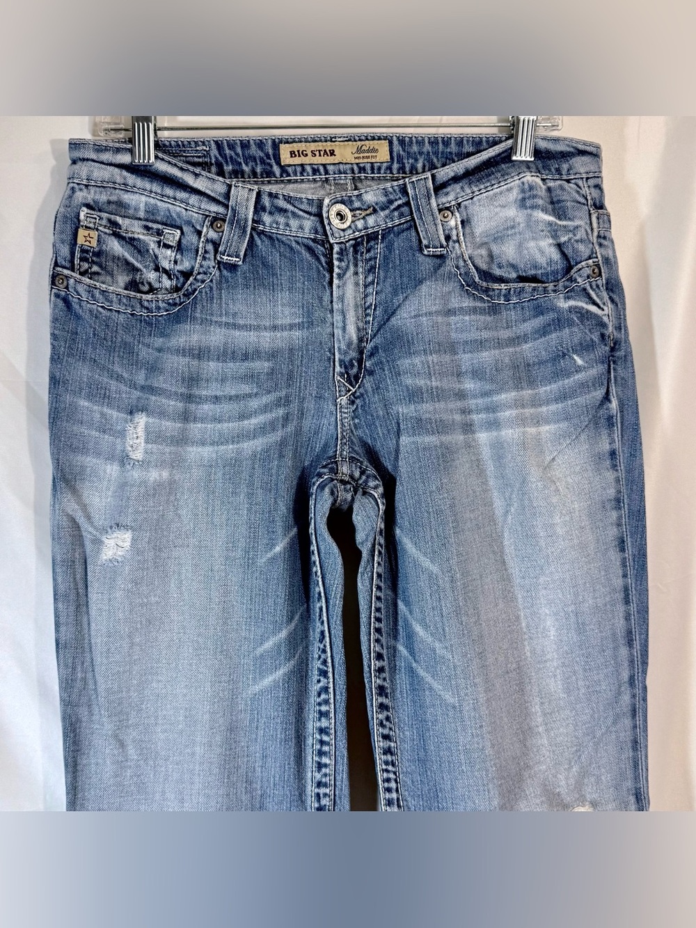 Big Star “Maddie” Mid Rise Boot Cut Distressed Light Wash Jeans With Whiskering - Picture 4 of 16